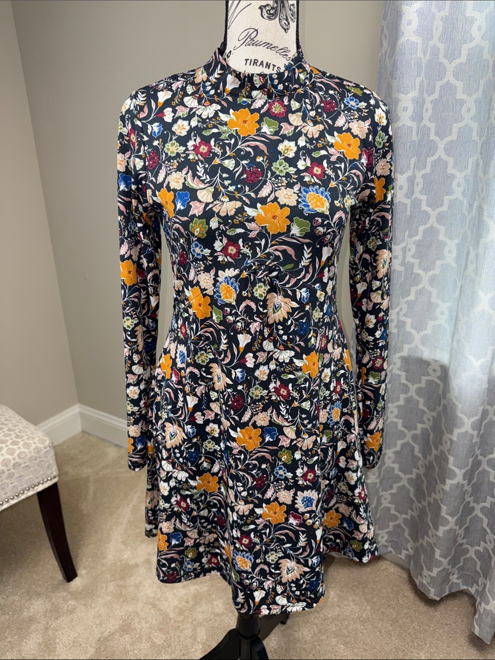 Women's Floral Long-Sleeve Paper Crane Long Sleeve, Mock Neck Mini Dress